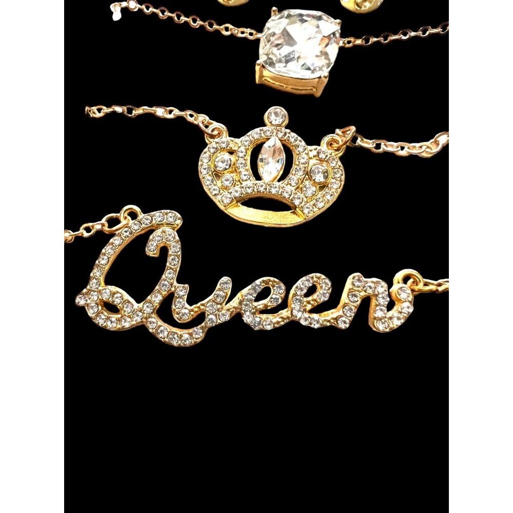 Blingy Set of Gold Chain Necklaces w QUEEN CROWN & Large Faux Diamond w Earrings